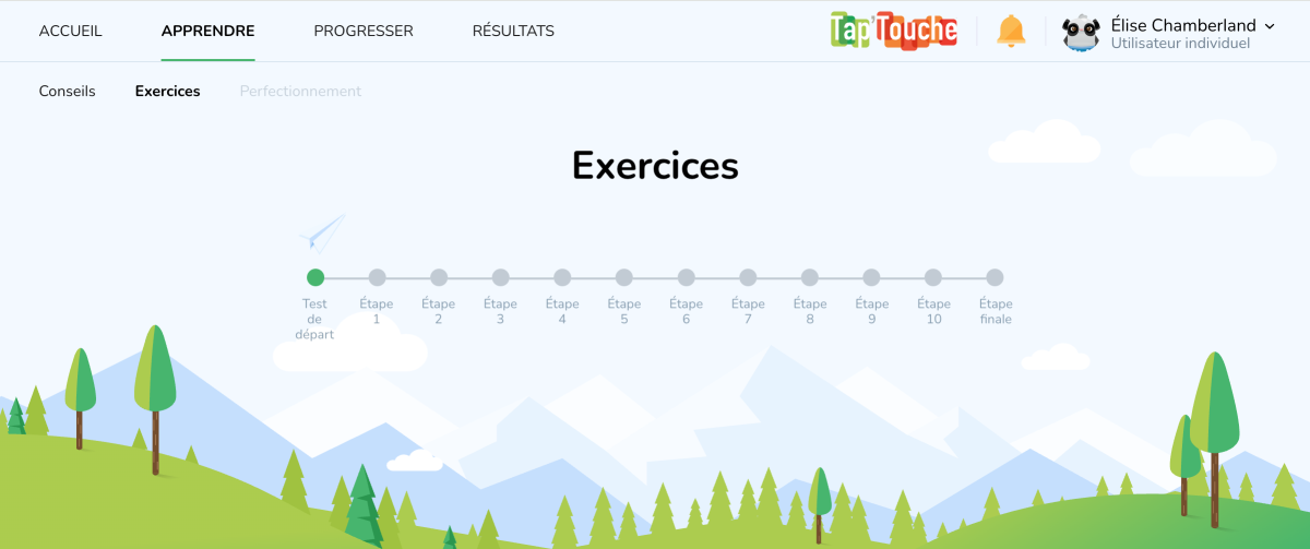 Onglet _Apprendre_ pour accéder aux exercices dans l’interface de l’élève