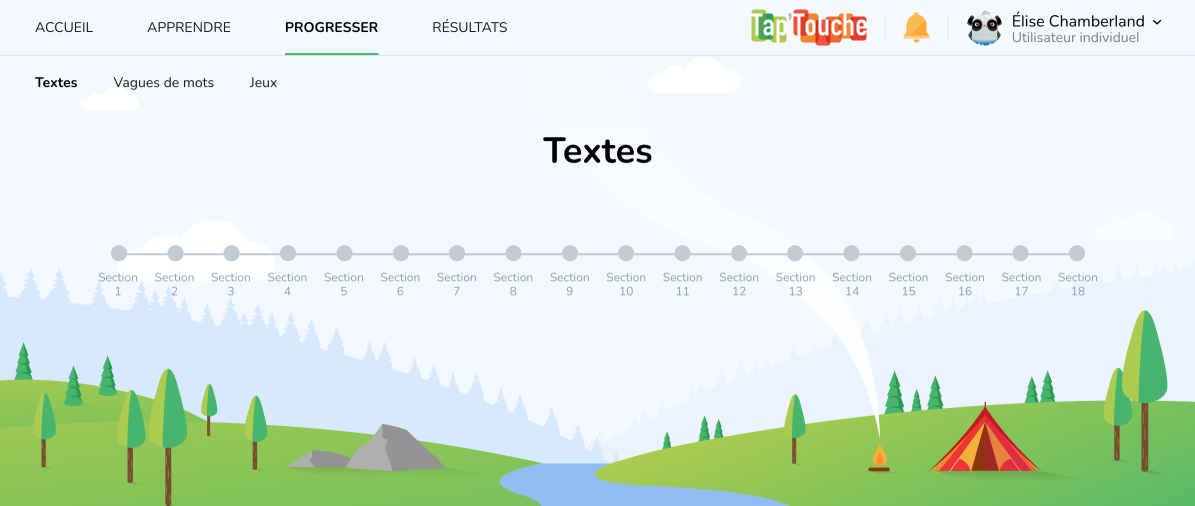 Onglet _Progresser_ pour accéder aux textes dans l’interface de l’élève