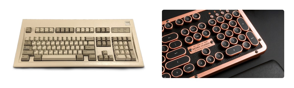 The IBM model M keyboard produced in 1986 (left) and the Azio keyboard in leather and aluminum (right). Sources: wikimedia.org and ca-aziocorp.glopalstore.com