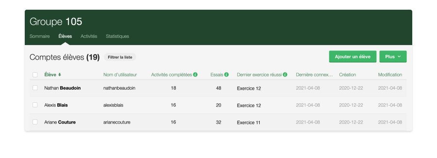 Sommaire des informations de la liste des comptes élèves