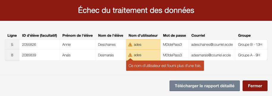 Message d’erreur