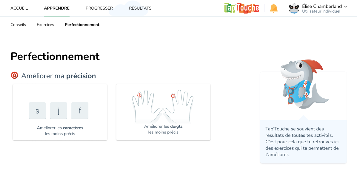 Accès au perfectionnement dans l’interface de l’élève