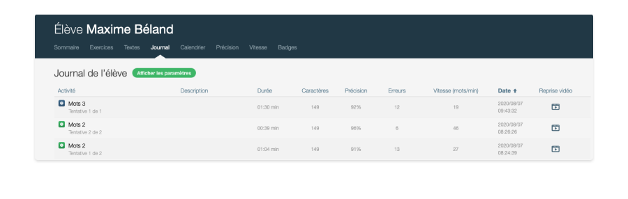 Identification des tentatives dans le journal de l’élève