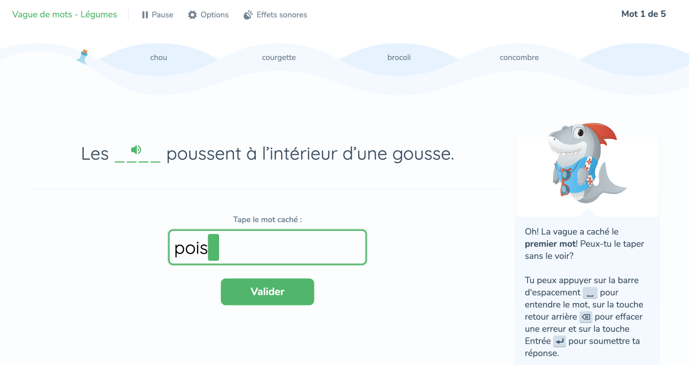 Le mot à taper est ensuite caché et dicté.