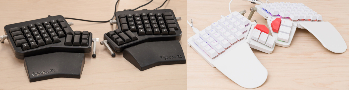 The ErgoDox EZ (left) and the ZSA Moonlander (right). Source : rtings.com