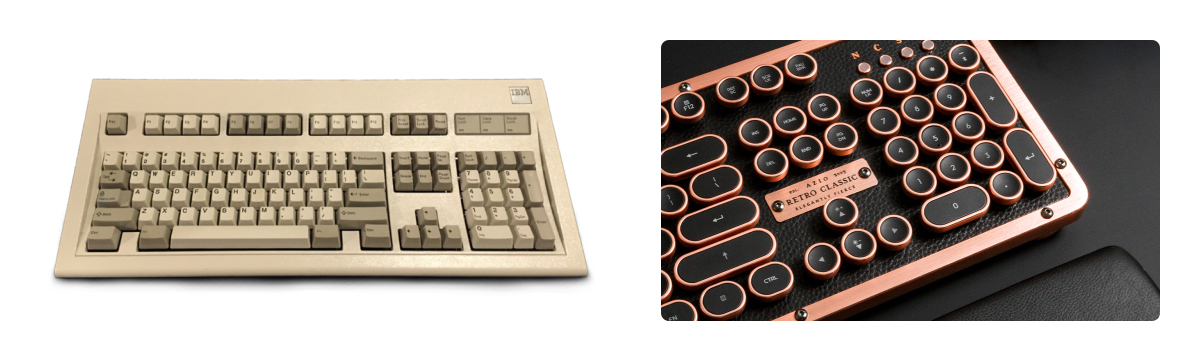 The IBM model M keyboard produced in 1986 (left) and the Azio keyboard in leather and aluminum (right). Sources: wikimedia.org et ca-aziocorp.glopalstore.com