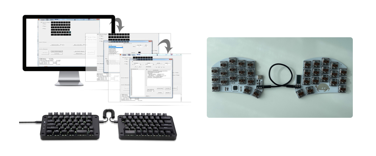 Programmable Koolertron SMKD62 keyboards (left) and Beekeeb keyboard base (right). Sources: amazon.ca and etsy.com