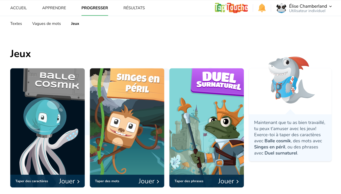 Accès aux jeux dans l’interface de l’élève