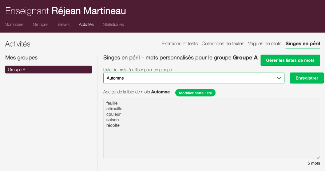 Ajouter ou modifier une liste de mots personnalisée dans _Singes en péril_